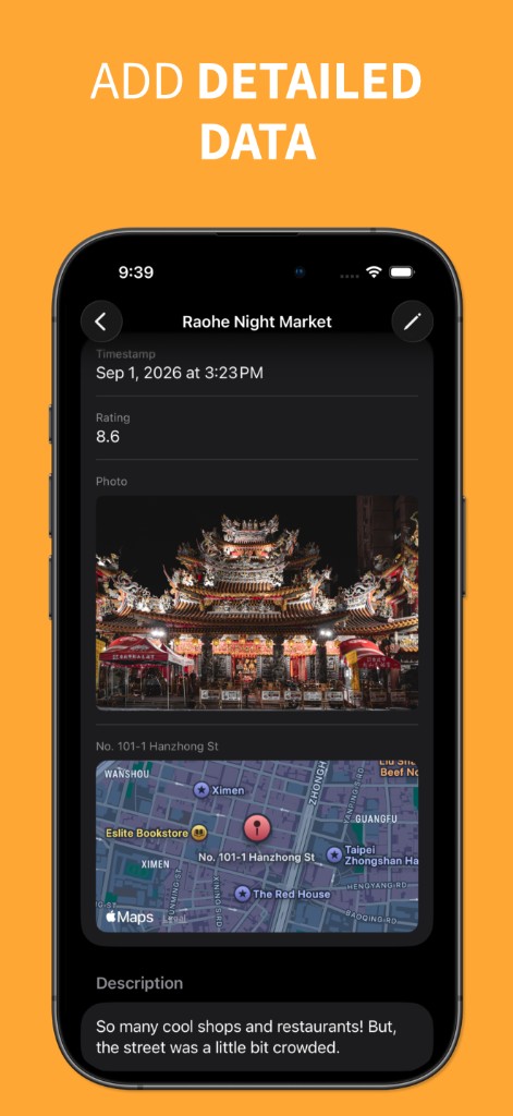 iPhone entry for Raohe Night Market with a photo, map, rating of 8.6, and a written note