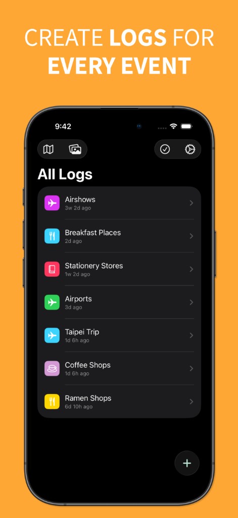 All Logs on iPhone, with collections like Airshows, Breakfast Places, and Taipei Trip