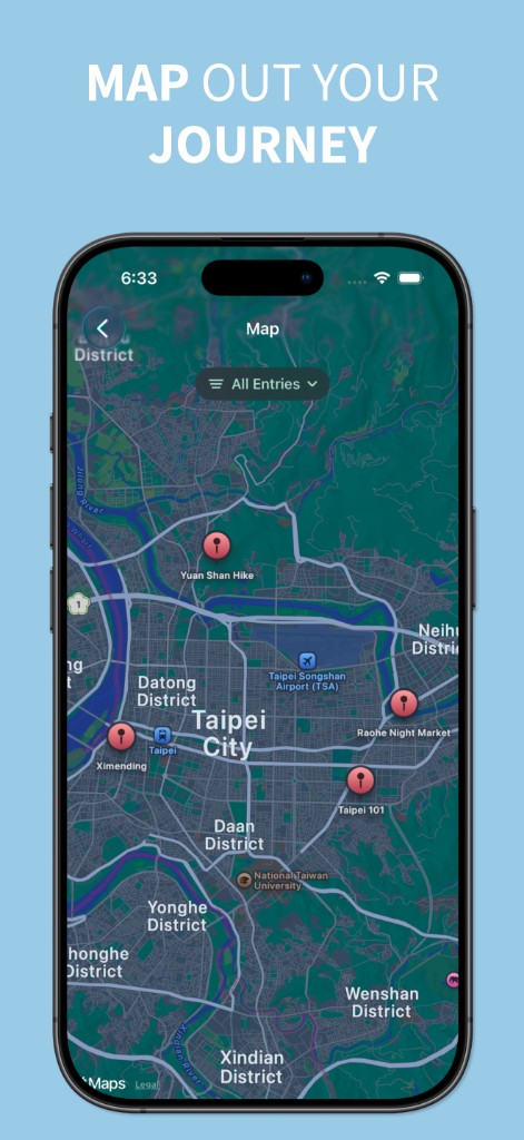 iPhone map of Taipei with Trace pins across the city